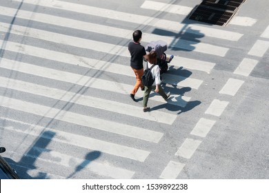 Bird Eye View Of Family People Walk On Street Crosswalk Traffic Sign In City With Sunny Day And Lighting On Road.