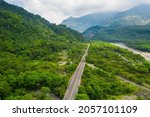 Bird eye view of Taiwan valley -Aerial view and colorful landscape with sky, cloud, hill, river,valley and road; use the drone in morning, shot in Namasia, Kaohsiung, Taiwan.