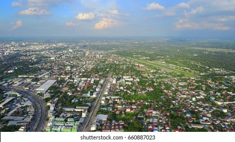 Bird eyes view, top view of landscape city, road, highway and estate landmark of neighborhood
