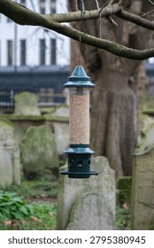 A bird feeder designed to keep squirrels away, set against a serene graveyard backdrop.