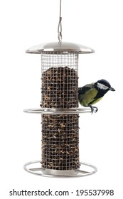 Bird Feeder With Great Tit , Isolated On A White Background