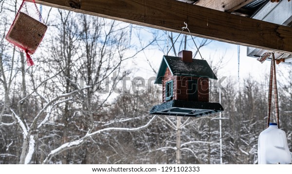 Bird Feeder Hanging Edge Cabin Snowy Stock Photo Edit Now 1291102333