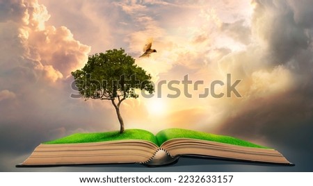 Bird flying from the big tree growing up on ancient books like a painting in literature