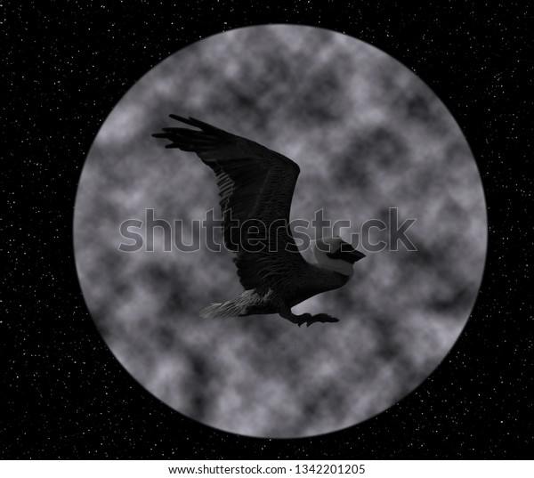 Bird\
flying at night in front of full moon\
simulation.