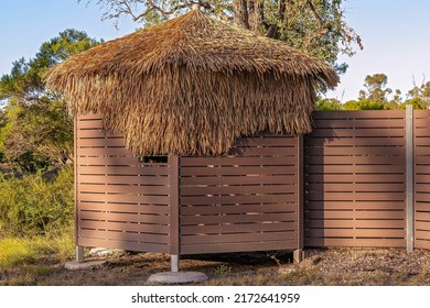 A Bird Hide At The Sapphire Wetlands Reserve In Queensland, Australia. Timber And Straw Building For Watching Birds.