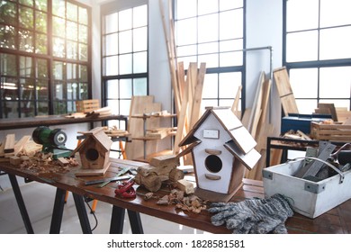 Bird Houses, Planks And Carpentry Equipment In The Carpentry Workshop, No People