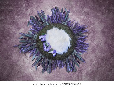 Bird Nest Fantasy Background Photo Prop with flowers Isolated on purple lavender color. Newborn photography digital background prop. - Shutterstock ID 1300789867
