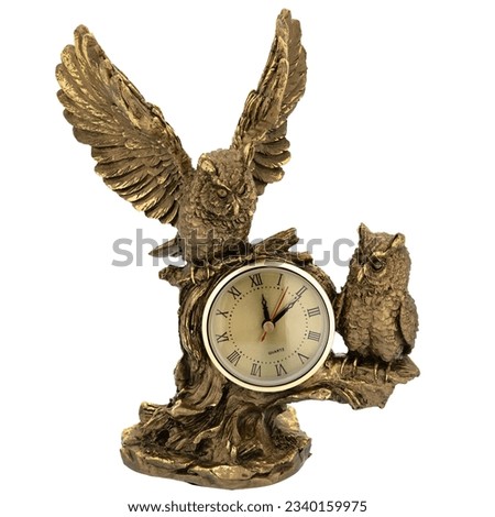 Bird owl Antique Marble Bronze golden Retro Mantel Vintage Table clock isolated with Decorative figurine sculpture. Empire Style Decorative Time Pieces Statue for Living Room and Bedrooms.