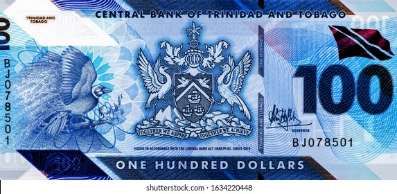 Bird of paradise on branch, Portrait from Trinidad and Tobago 100 Dollars 2019 Polymer Banknotes. 