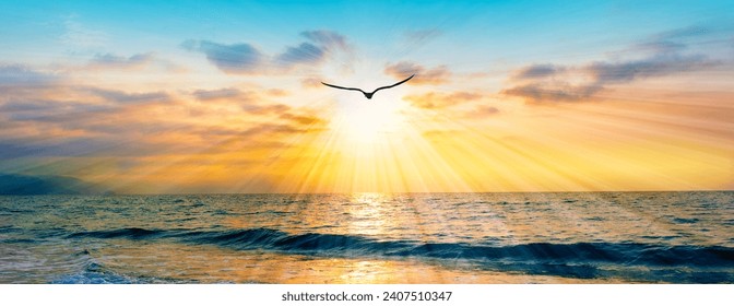 A Bird Silhouette Is Soaring Above The Colorful Clouds At Sunset - Powered by Shutterstock