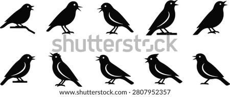 Bird silhouette vector set, singing bird icons collection, perched songbird design, wildlife illustration concept, minimal black and white art