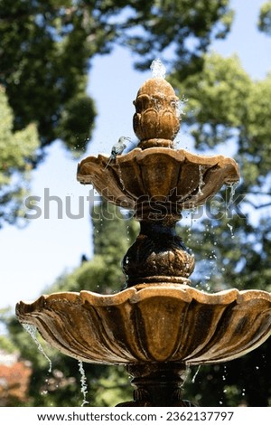 Bird taking a bath in an ornamental fountain in a garden