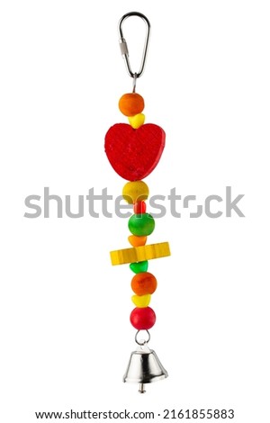 Bird toy. Toys for parrots, Budgie, cockatoo, Cockatiel. Bird toy with stainless steel straight spring hook or carabiner with safety nut. Bell for bird. Isolated on white background with Clipping path