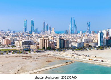 Bird view of Manama city, Bahrain. Skyline with modern skyscrapers standing on the coast of Persian Gulf