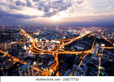 Bird View Of Urban City Traffic Light Trail 