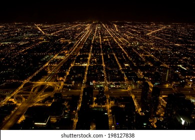 Bird View From Willis (former Sears) Tower At Night, Overlooking Downtown Chicago, Illinois.