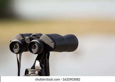 Bird watching with binoculars on tripod, spending time in nature birdwatching at the river with birding equipment