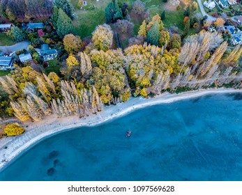 The Bird's Eye View Of The Beautiful Autumn Of Roys Bay In Wanaka, South Island Of New Zealand.