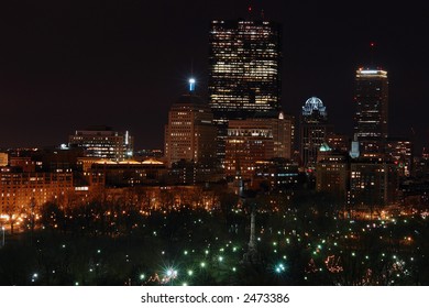 Bird's Eye View Of The Boston Skyline At Night In The Winter