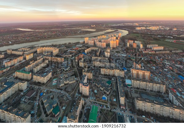 A bird\'s eye view of the city.\
Russia, the city of Krasnodar. Microdistrict\
Yubileiny.