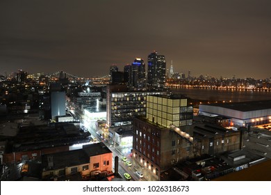 Bird's Eye View Down Wythe Street In The Williamsburg Neighborhood Of Brooklyn At Night