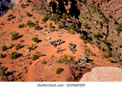 Birds Eye View Of A Horseback Riding Tour At Skeleton Point In The Grand Canyon In Arizona. Scenery From Hiking Down The South Kaibab Trail.