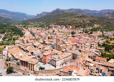 Bird's Eye View Of La Pobla De Segur, Town In Comarca Of Pallars Jussa, Province Of Lleida, Catalonia, Spain.