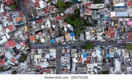 Bird's Eye View Of A Neighborhood Street With Drone