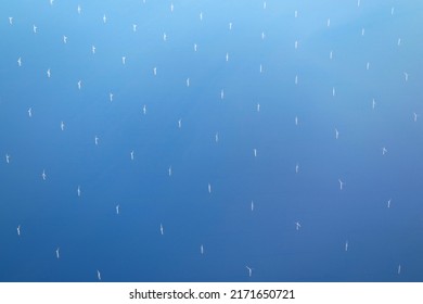 Bird's Eye View Of The Offshore Wind Farm Of United Kingdom Seen From Plane During Flight
