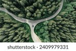 Birds eye view onto a car stopping at a crossing on a curvy road through the forest