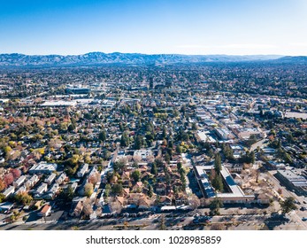 Birds eye view photo of Silicon Valley in California with San Jose downtown on the background