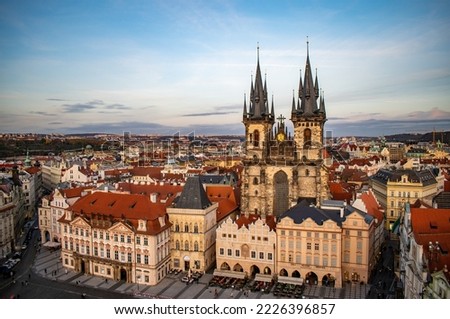 Bird's eye view of Prague Old Town Square with the Gothic cathedral of Our Lady Before Tyn dominating the cityscape