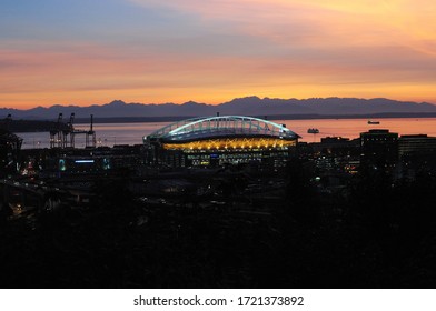 Bird's Eye View To QWest Field In Seattle At Dusk