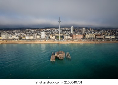 The bird's eye view of the remains of the West Pier and Brighton cityscape  England, United Kingdom 