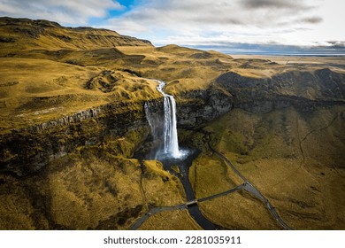 Bird's Eye View of Seljalandsfoss Waterfall in Iceland