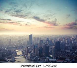 a bird's eye view of shanghai at dusk - Shutterstock ID 129310280