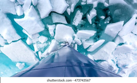 Birds Eye View Of  Ship's Bow Breaking Ice In The Arctic, Svalbard