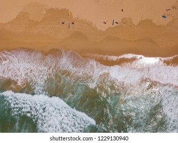 Birds Eye View Of Surf Lifesaving Flags And Rescue Boards On Australian Beach