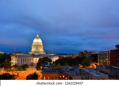 Bird's Eye View Of The Wisconsin State Capital Before Sunrise.  The Building Houses Both Chambers Of The Wisconsin Legislature Along With Wisconsin Supreme Court .