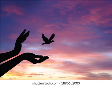 Birds Flying For Freedom From An Open Hand, Freedom Concept, Bird Released From Hand, Bird Set Free 