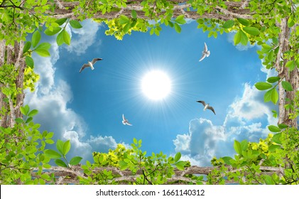 birds flying in a sunny sky decorated with tree branches and green leaves