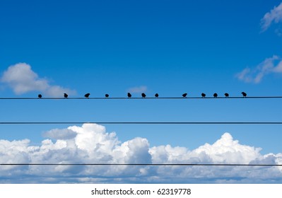 Birds sitting on a wire against the sky