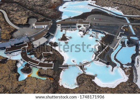 Bird's-eye view of the colorful nature of Iceland. Blue Lagoon is located near the town of Grindavik in the southwest of Iceland