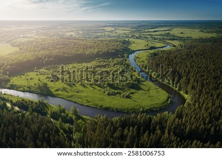 Bird's-eye view of the river Nerl, forests and meadows, Russia