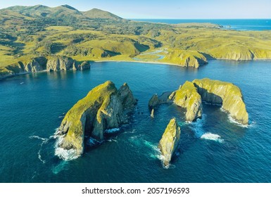 Bird's-eye view of an unnamed bay on the island of Shikotan, Kuril Islands. Aerial view. - Shutterstock ID 2057196593