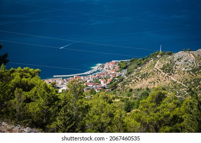 Bird-view of the shore of Adriatic Sea in Podgora from the Biokovo mountain, Makarska Riviera, Croatia