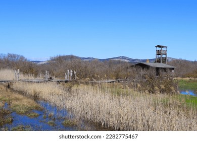 Birdwatching tower and beautiful landscape of Lake Vrana, Croatia. - Shutterstock ID 2282775467
