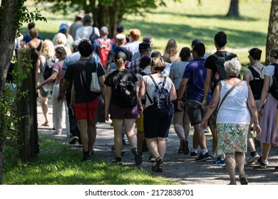 Birka, Sweden June 27, 2022 A Group Of Tourists On A Guided Tour Of The Old Viking Village.