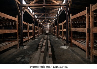 Birkenau, Poland/February 10, 2019 ; Bunks of prisoners in the barracks of the concentration camp. A building with prisoners' beds. Bedroom of the concentration camp.Auschwitz-