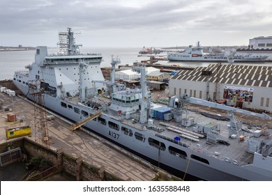 Birkenhead / UK - February 2 2020: RFA Tiderace, Royal Navy Refuelling Ship, And RFA Tidesurge, At Cammell Laird Dock, Birkenhead